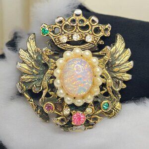 Vintage Antique Coro Double Signed Gold-Tone Crest Brooch Faux Opal Greyhound